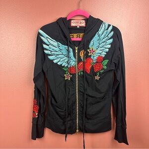 Johnny Was Black Embroidered Women's Jacket Angel Wings Roses Freedom